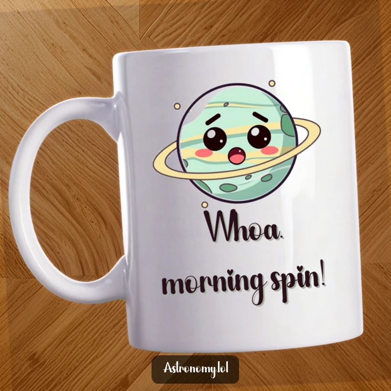 Funny planet mug featuring a stylized character with a surprised expression, spinning dizzily in space, a quirky gift.