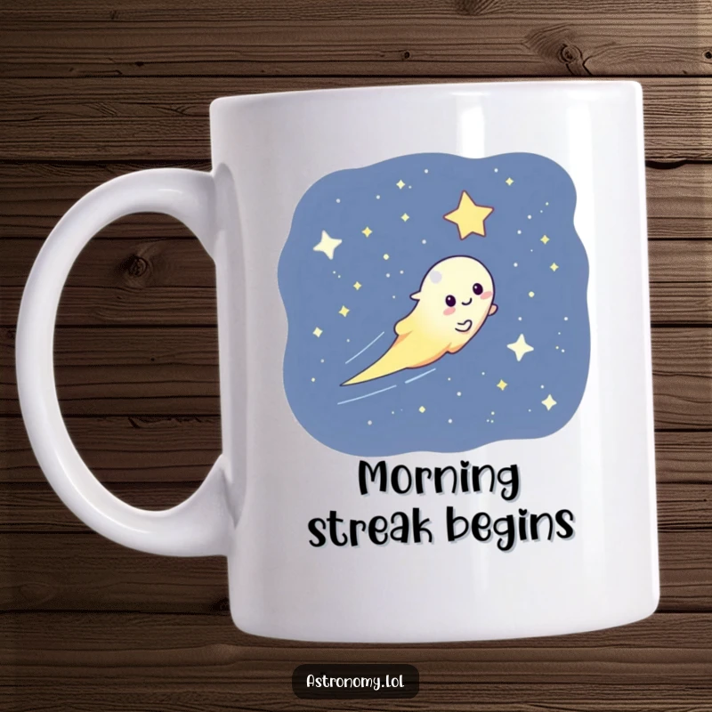 Funny mug featuring a playful comet character leaving a bright trail as it streaks across a dark, starry sky.