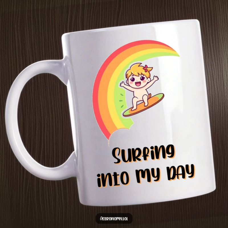 Funny mug with a happy character joyfully surfing a colorful rainbow across a bright sky, symbolizing happiness and adventure.