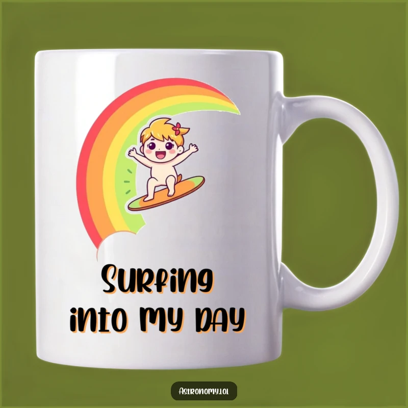 Funny Rainbow Mug: Happy Character Surfs Rainbow, Joyful Gift for Dreamers