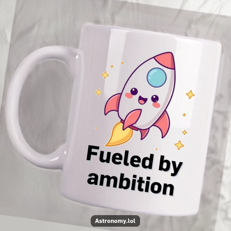 Funny rocket ship mug featuring a delighted character blasting off into the sky with a vibrant, cheerful smoke trail.