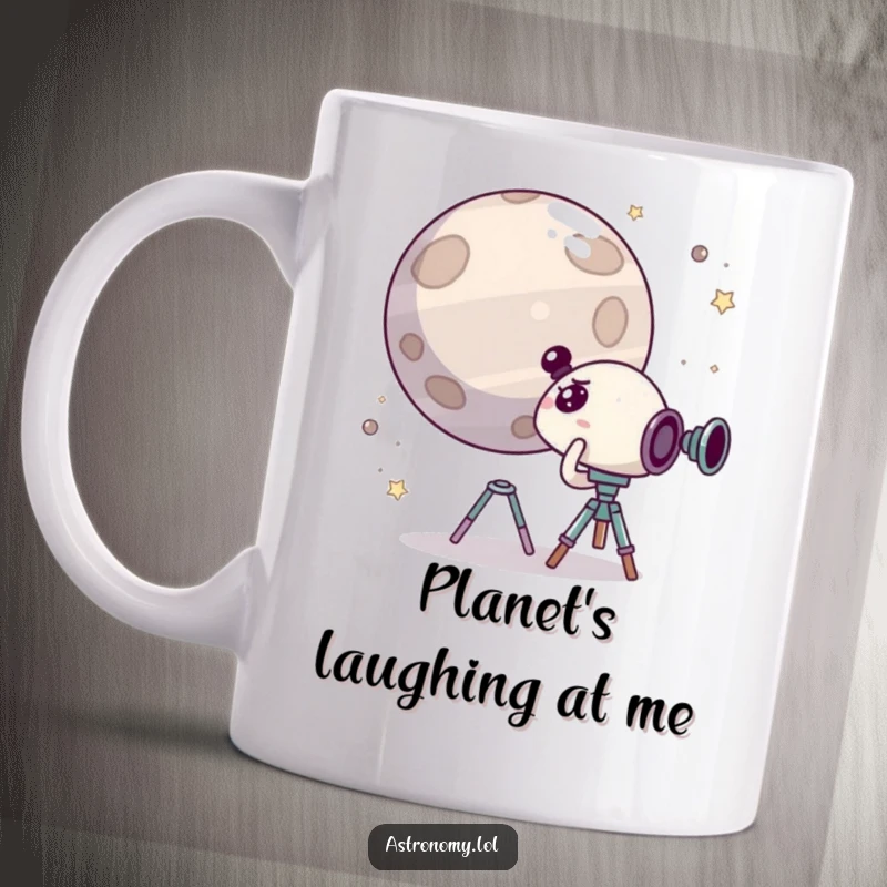 Funny mug showing a cute, surprised character looking through a telescope at a small planet that is visibly giggling, capturing hilarious cosmic discovery.