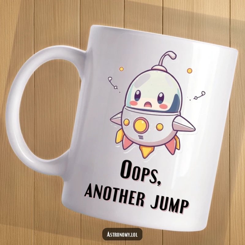 Funny mug showcasing a surprised spaceship character puffing cartoonish smoke trails, conveying a comical moment of unexpected space travel.