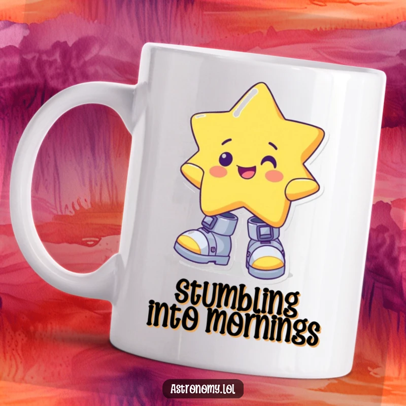 Funny star mug with a cheerful expression, wearing comically large and wonky gravity boots, radiating joy and humor.