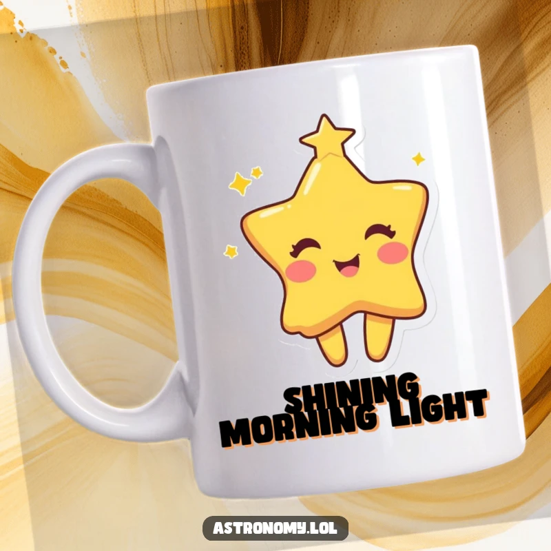Funny star mug featuring a cute character twinkling happily with a mischievous, joyful expression.