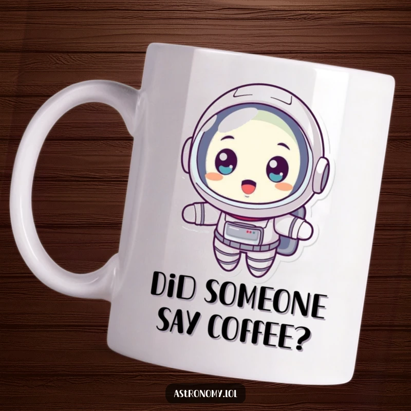 Funny mug depicting a surprised astronaut floating in space with wide eyes and an open mouth, conveying comical shock.