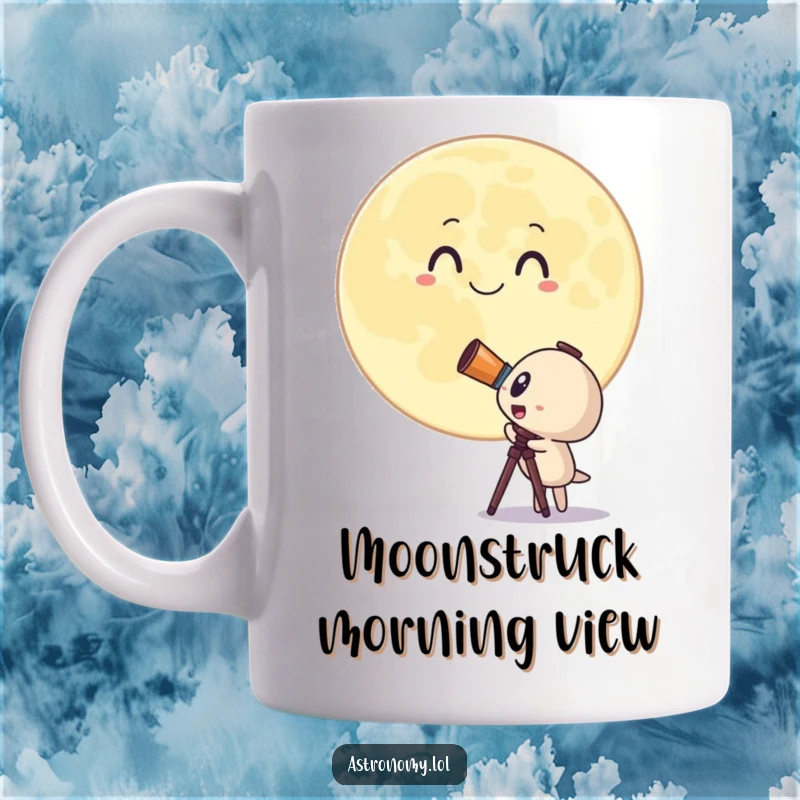 Funny mug featuring a surprised telescope character looking up at a giant, smiling moon. Perfect celestial gift.