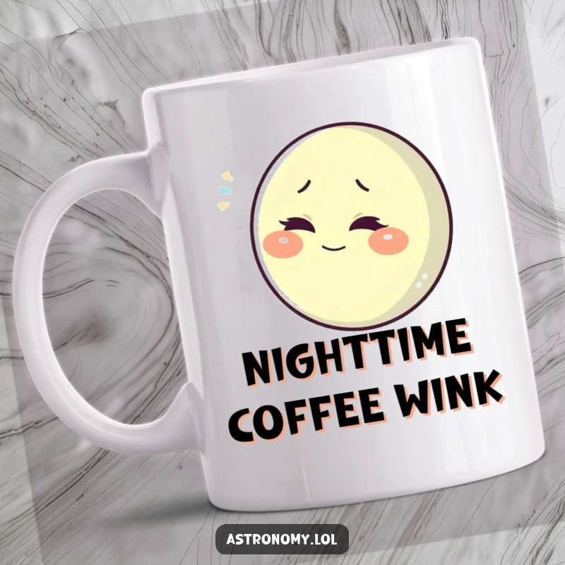 Funny playful moon character winking slyly against a starry night sky, depicted on a humorous mug.