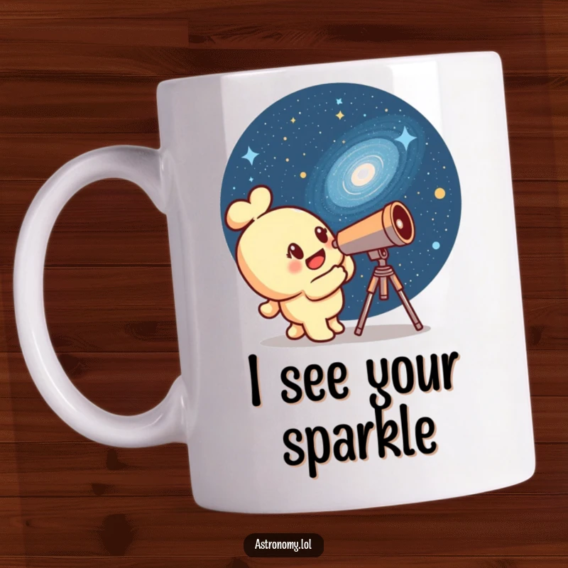 Funny telescope character with a curious expression, peering into a winking galaxy on a ceramic mug, perfect for space lovers.