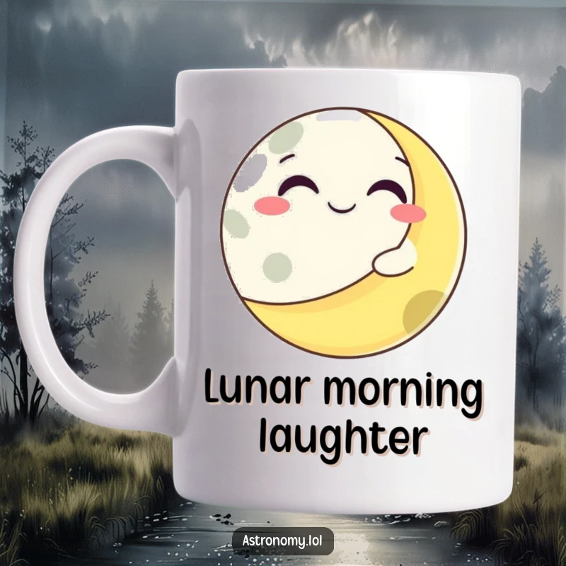 Funny grinning moon character playfully winking from behind a colorful, twirling planet in outer space.