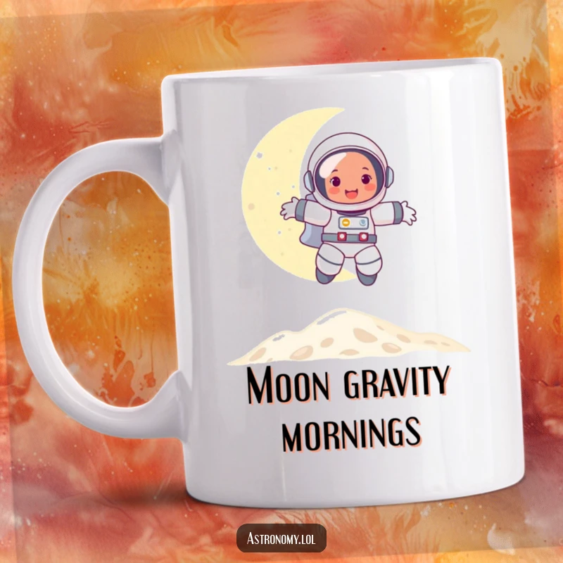 Funny mug depicting a cheerful astronaut gleefully bouncing high on the lunar surface, radiating pure joy and space exploration fun.