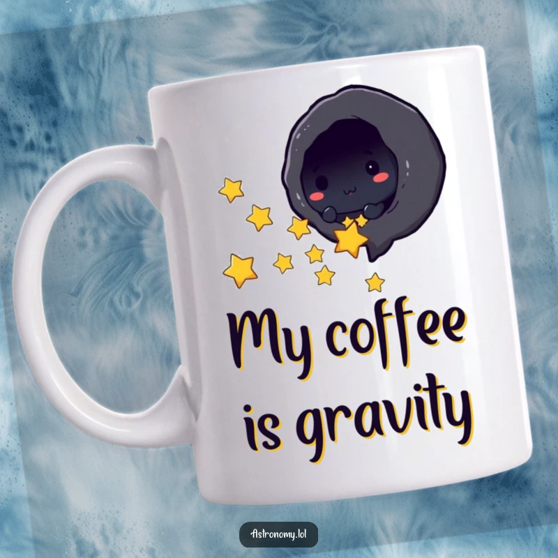 Funny black hole character playfully sucking in tiny stars on a ceramic mug, bringing cosmic humor to your day.