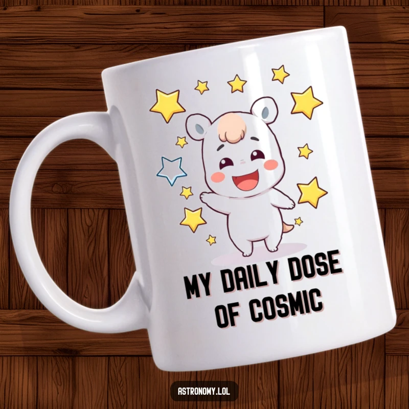 Funny Mug: A playful character grins widely while skillfully juggling several bright, sparkling stars in a cosmic display.