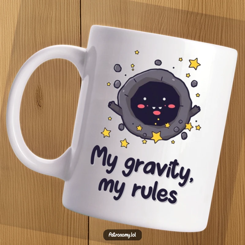 Funny mug featuring a mischievous black hole character playfully pulling in tiny, unsuspecting stars. Unique gift.