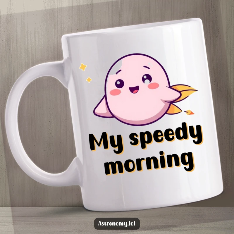 Funny Mug: A happy comet with a friendly cartoon face streaks across space with a joyful expression.