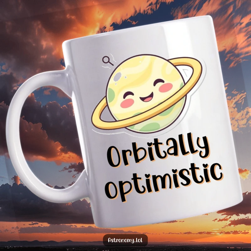 Funny happy planet character with a wide smile and joyfully spinning rings, depicted on a humorous mug.