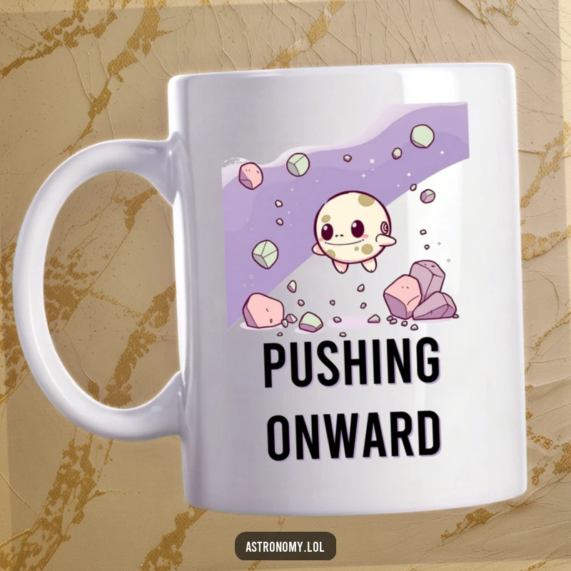 Funny Mug: A Determined Asteroid Character Navigating Through Space Debris, conveying resilience and purpose. An excellent gift.