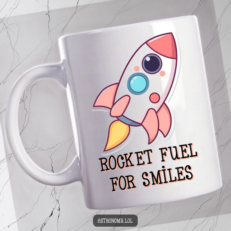Funny happy rocket ship character soaring through space, leaving a whimsical trail of shimmering giggles behind.