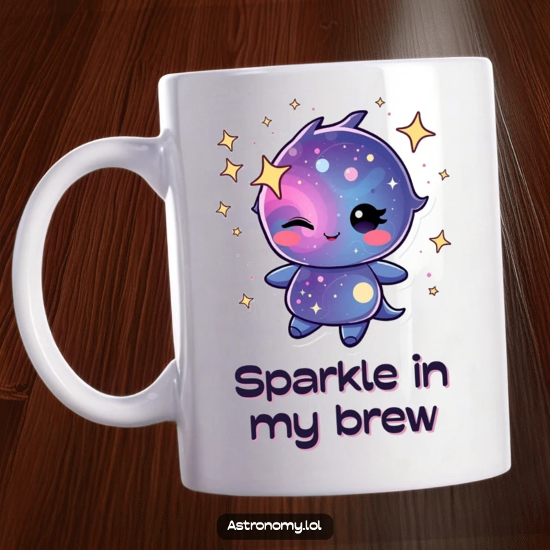 Winking galaxy character swirling with cheerful stardust on a ceramic mug, radiating cosmic charm and playful humor.