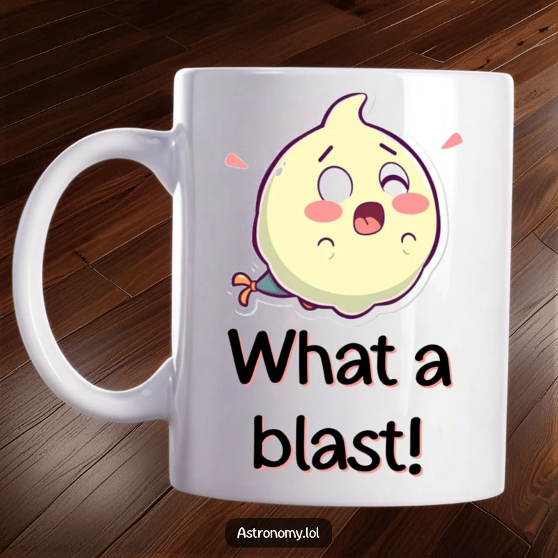 Funny surprised comet character with wide eyes and a trailing tail of laughter floating through space, on a humorous mug.
