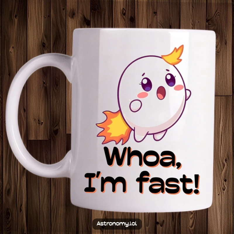 Funny mug featuring a surprised comet character with wide eyes and a long, fiery tail, looking shocked mid-flight in space.
