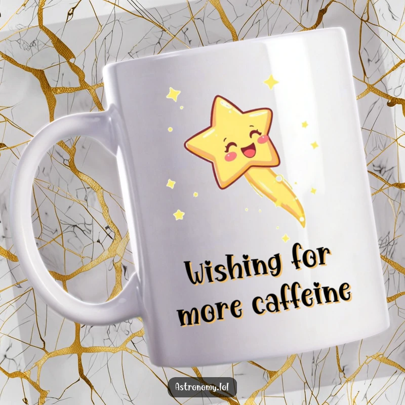Funny mug featuring a joyful shooting star with a sparkly trail, radiating happiness and cosmic energy.