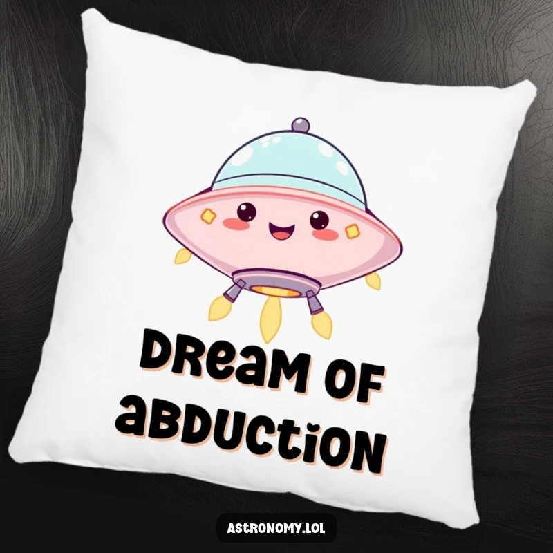Funny pillow with a soft, jolly UFO character hovering with happy blinking lights, offering comfort and whimsical humor. Comfy gift.