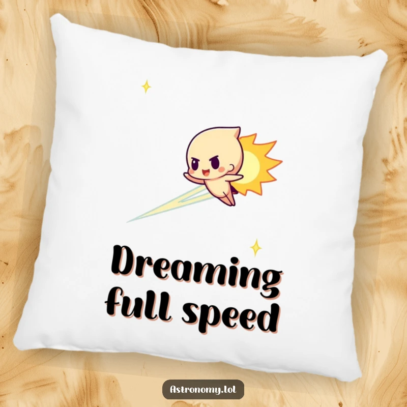 Funny meteor character streaking determinedly across the sky on a soft pillow, providing cosmic comfort and humor.