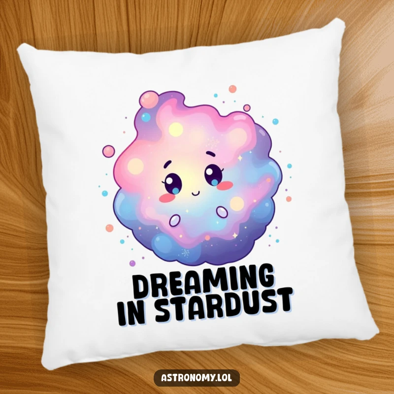 Funny pillow featuring a soft, curious nebula character surrounded by swirling colorful cosmic dust, offering comfort and charm. Cozy gift.