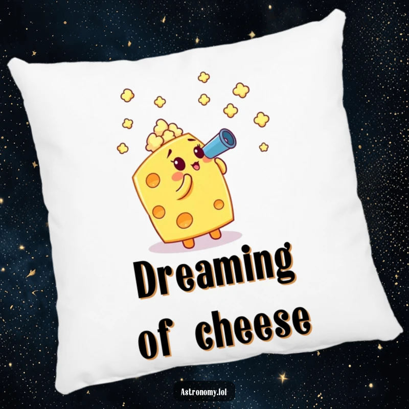 Funny pillow: A cheese cube with a telescope looking at popcorn stars, a humorous and cozy accent piece.