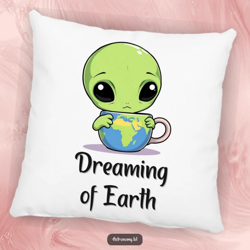 Funny alien pillow featuring a confused three-eyed character staring at an Earth mug, offering comfort with a cosmic dose of humor.