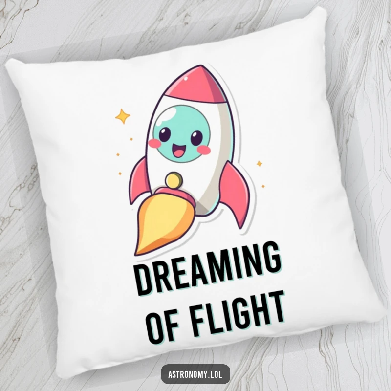 Funny cheerful rocketship character blasting off with a smile, a soft and humorous pillow for lounging.