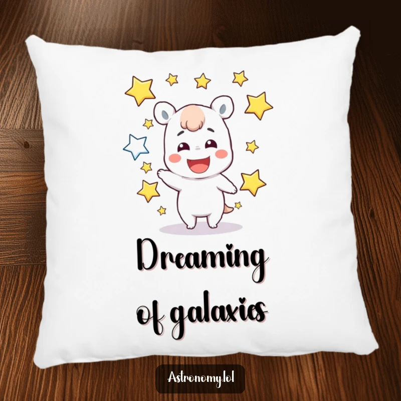 Funny Pillow: A delightful character with a big grin joyfully juggles multiple twinkling stars, offering comfort and cosmic fun.