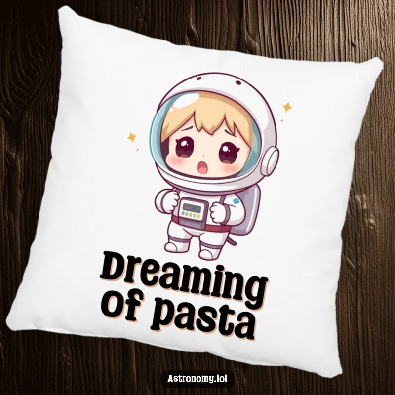 Funny astronaut pillow featuring a surprised spaceman wearing a colander helmet, offering comfort and a dose of space-themed humor.