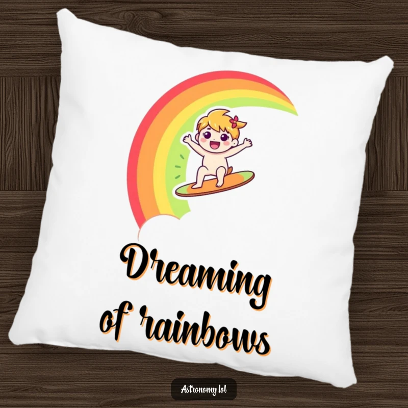 Funny pillow with a happy character joyfully surfing a rainbow across the sky, bringing warmth and cheer to any room.