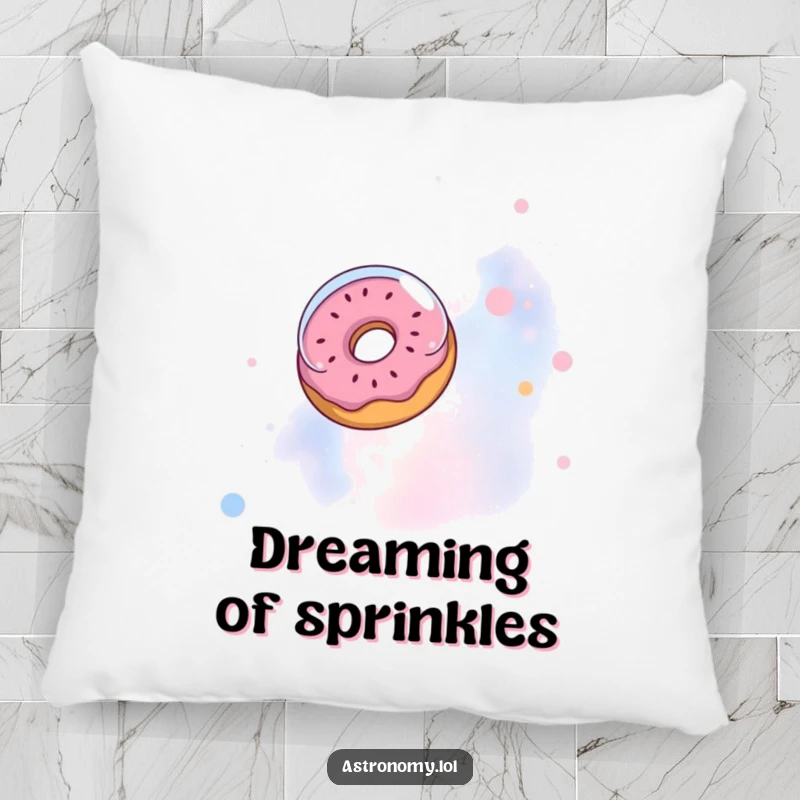 Funny pillow: A donut wearing an astronaut helmet floats in a nebula, a humorous and cozy accent.