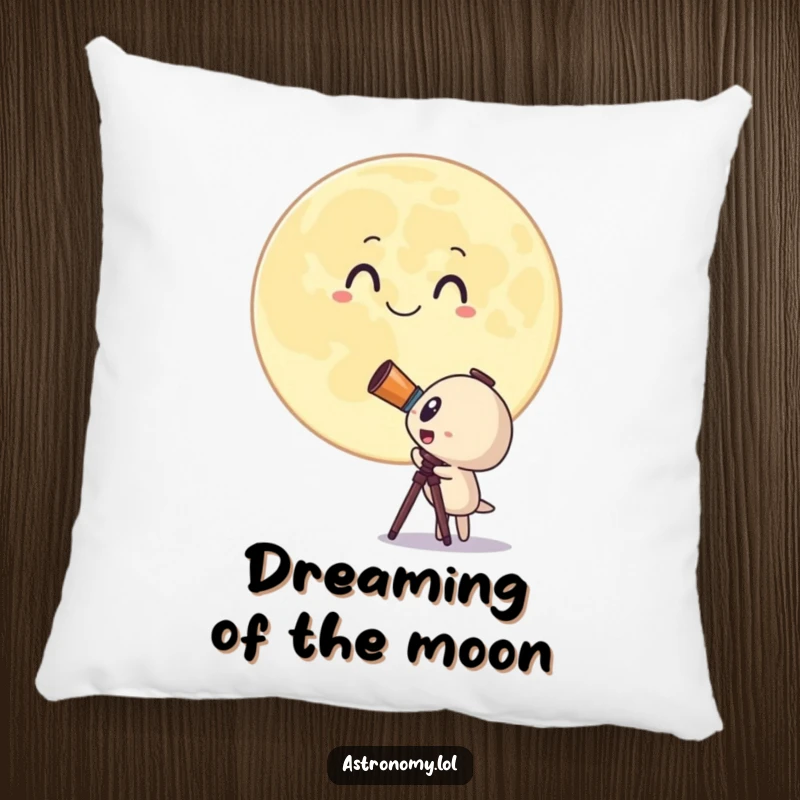 Funny pillow with a soft, surprised telescope character looking at a giant, smiling moon, offering comfort and humor. Cozy gift.