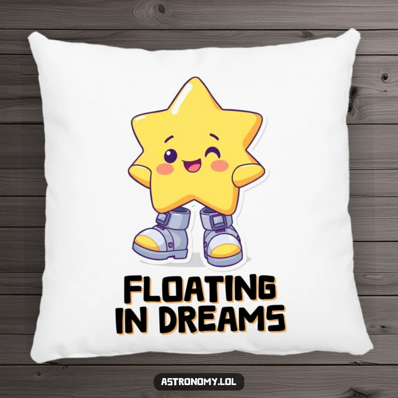 Funny star pillow featuring a cheerful character wearing oversized, wonky gravity boots, offering comfort with a stellar sense of humor.