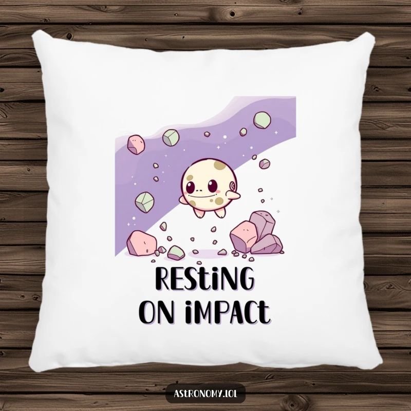 Funny Pillow: A Determined Asteroid Character Navigating Debris, offering soft comfort and an inspiring, humorous design. A lovely gift.