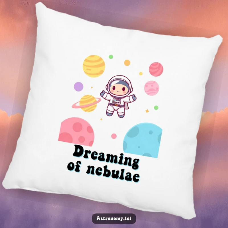 Funny astronaut pillow with a cute, happy character floating amongst colorful planets, designed for comfort and whimsical decor.