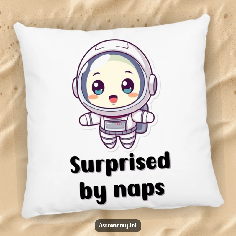 Funny pillow depicting a surprised astronaut floating with wide eyes, offering comfort and a touch of cosmic humor.