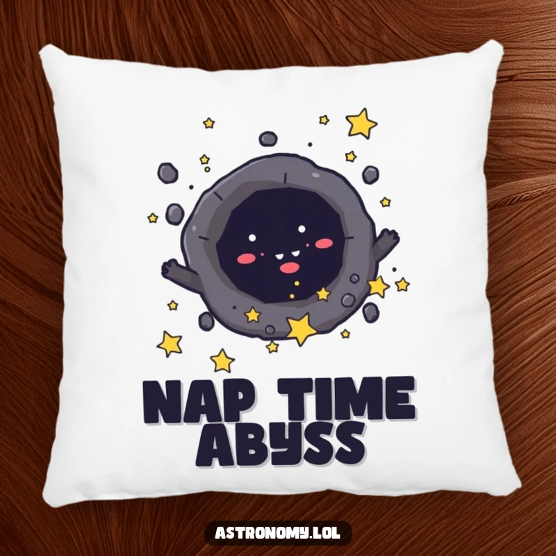 Funny pillow with a soft, mischievous black hole character playfully pulling in tiny stars, offering comfort and humor. Cozy gift.