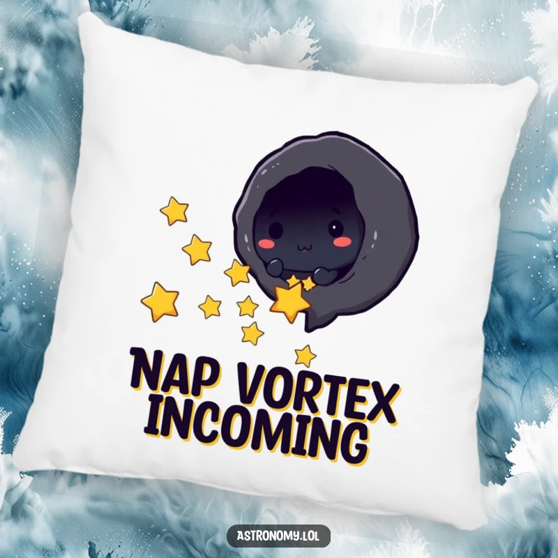Funny black hole character playfully sucking in tiny stars on a soft pillow, adding comic relief to any room.