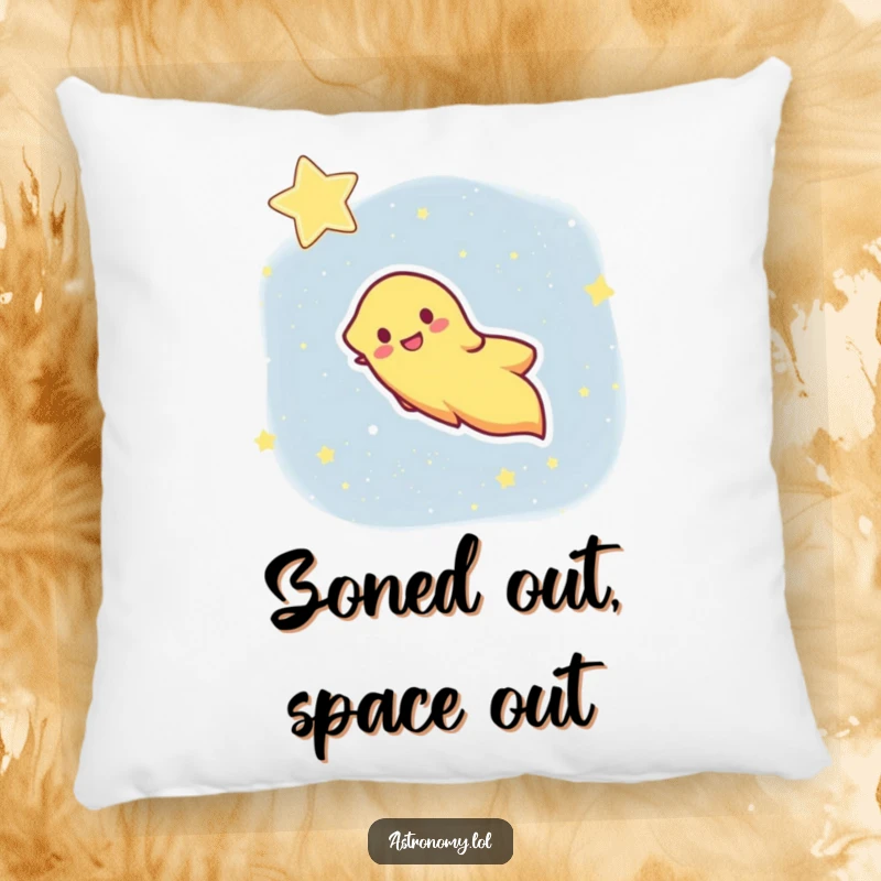 Funny pillow featuring a happy comet with a trailing tail streaking through a starry sky, offering comfort and cosmic laughs.