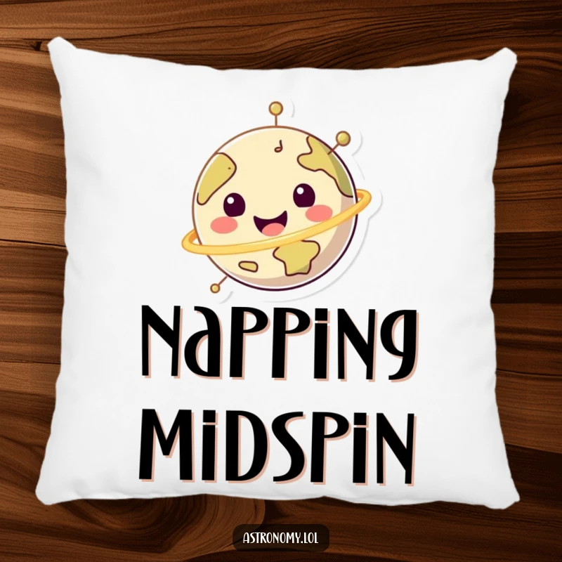 Funny happy planet character spinning joyfully on a soft pillow, perfect for adding comfort and cheer.