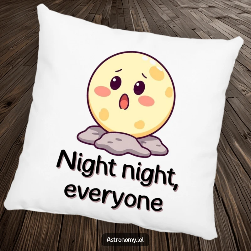 Funny moon pillow featuring a surprised lunar character with a crater mouth, designed for comfort and humorous decor.