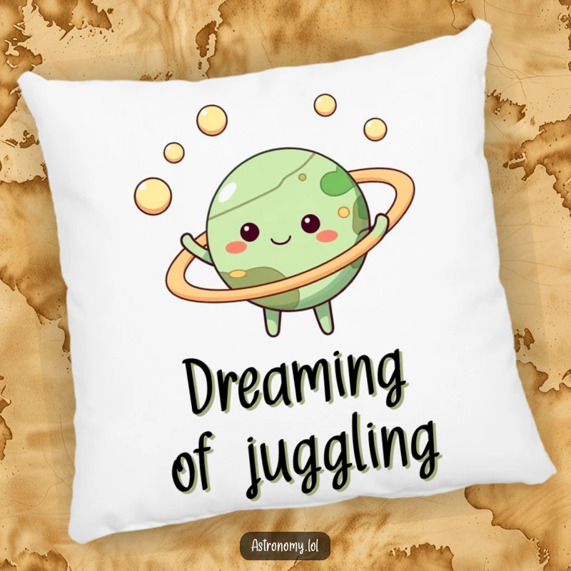 Funny planet pillow with a happy face, depicted juggling moons, promising comfort and a dose of celestial amusement.