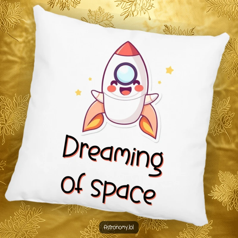 Funny Pillow featuring a playful rocket character smiling and blasting off, perfect for adding comfort and space-themed humor.