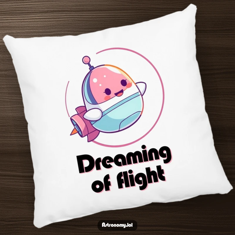 Funny Pillow: A Cheerful Spaceship Character Doing a Loop-de-Loop, offering soft comfort and dynamic, humorous design. A lovely gift.
