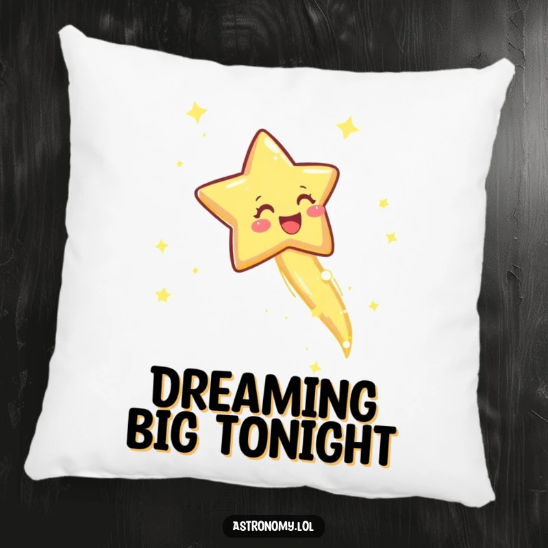 Funny pillow featuring a joyful shooting star with a sparkly trail, offering comfort and a hint of cosmic wish fulfillment.